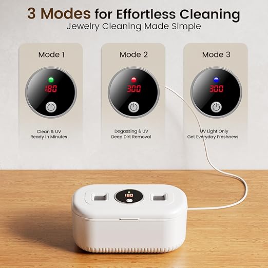 48Khz Ultrasonic Jewelry Cleaner, 30W Ultrasonic Cleaner with 2 UV Lights and Dual Brush Ports, 3 Modes Jewelry Cleaner Ultrasonic Machine with Digital Timer, 12OZ Pod for Eyeglasses, Rings, Retainer