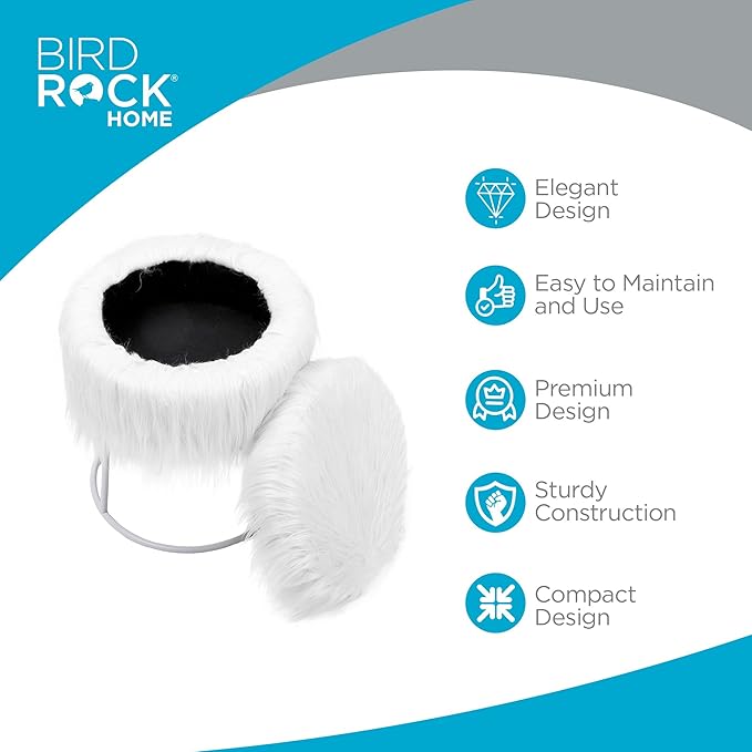 BIRDROCK HOME Round Faux Fur Foot Stool - Small Padded Ottoman w/Soft Cushion for Living Room, Bedroom, or Makeup Room - Modern Upholstered Accent Chair, Vanity Seat, Footrest for Couch/Sofa - White