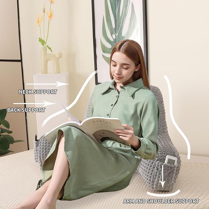 PAJEO Reading Pillow for Sitting in Bed, Large Backrest Reading Pillow with Arm Rest,Back-Rest Support Cushion for Sit Up on Couch, Sofa, and Floor, Dorm Essentials (Grey Flannel, Standard(17inch))