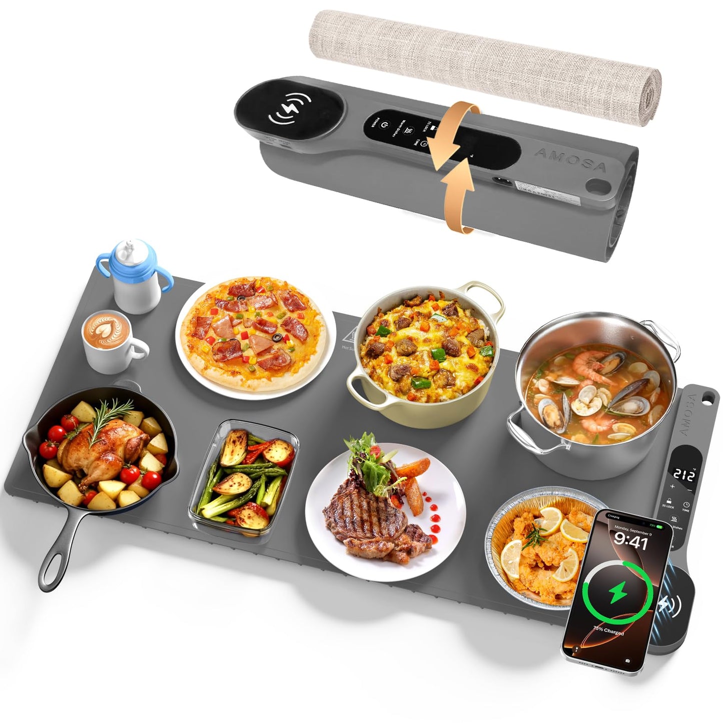 New Food Warming Mat with Wireless Charger, 34”x15” Extra Large Roll Up Food Warmer Fast Heating Mat for Food with 7 Level Temperature & 8 Hours Timer, Electric Warming Trays for Buffets Party (Grey)
