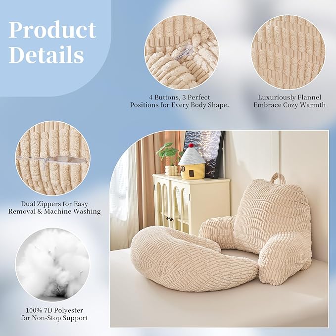 PAJEO Back Pillow for Bed Sitting Up,U Shaped & Back Support Pillow for Bed,17" Backrest with Lumbar & Arm Support,Comfy Corduroy Fabric,Lap Pillow for Gaming/Reading/Watching TV,White