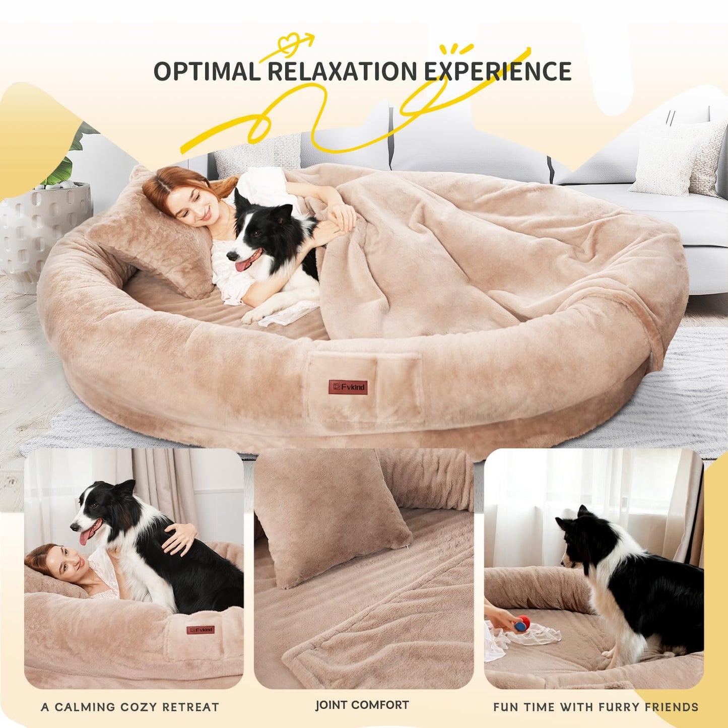 Fvkind Human Dog Bed for Adults, 71"x51"x12" Washable Orthopedic Size, Faux Fur Removable, Cozy Large Present with Blanket and Pillow, Khaki