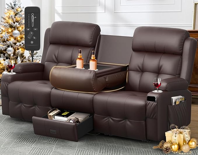 Aotolo Recliner Sofa, Massage Reclining Sofa 3 Seater Sets Heavy Weight Capacity, RV Loveseat Couch Clearance with Flip Back Console, Storage, Cup Holders, Wall Hugger Reclining Couch for Living Room