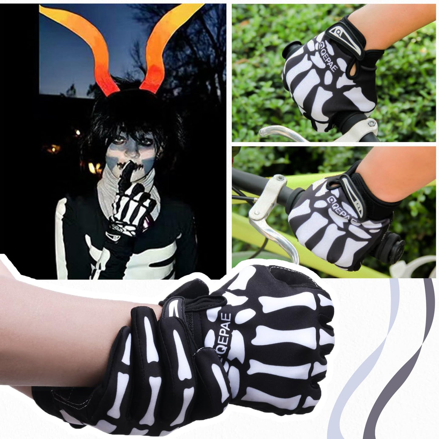 TRIWONDER Skeleton Gloves Cycling Gloves Skull Gloves for Men Women Kids for Bike Bicycle Motorcycles Sports Workout Riding Halloween Breathable Shock-Absorbing (Green - Full Finger, L)