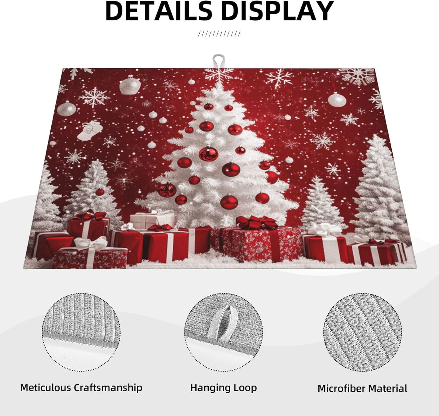 Dish Drying Mat Red Christmas Tree Ball Xmas Absorbent Microfiber Non Slip Quick Dry Heat Resistant Holiday Decorative Kitchen Counter Mat for Plates Cups Glasses 18x24 Inch