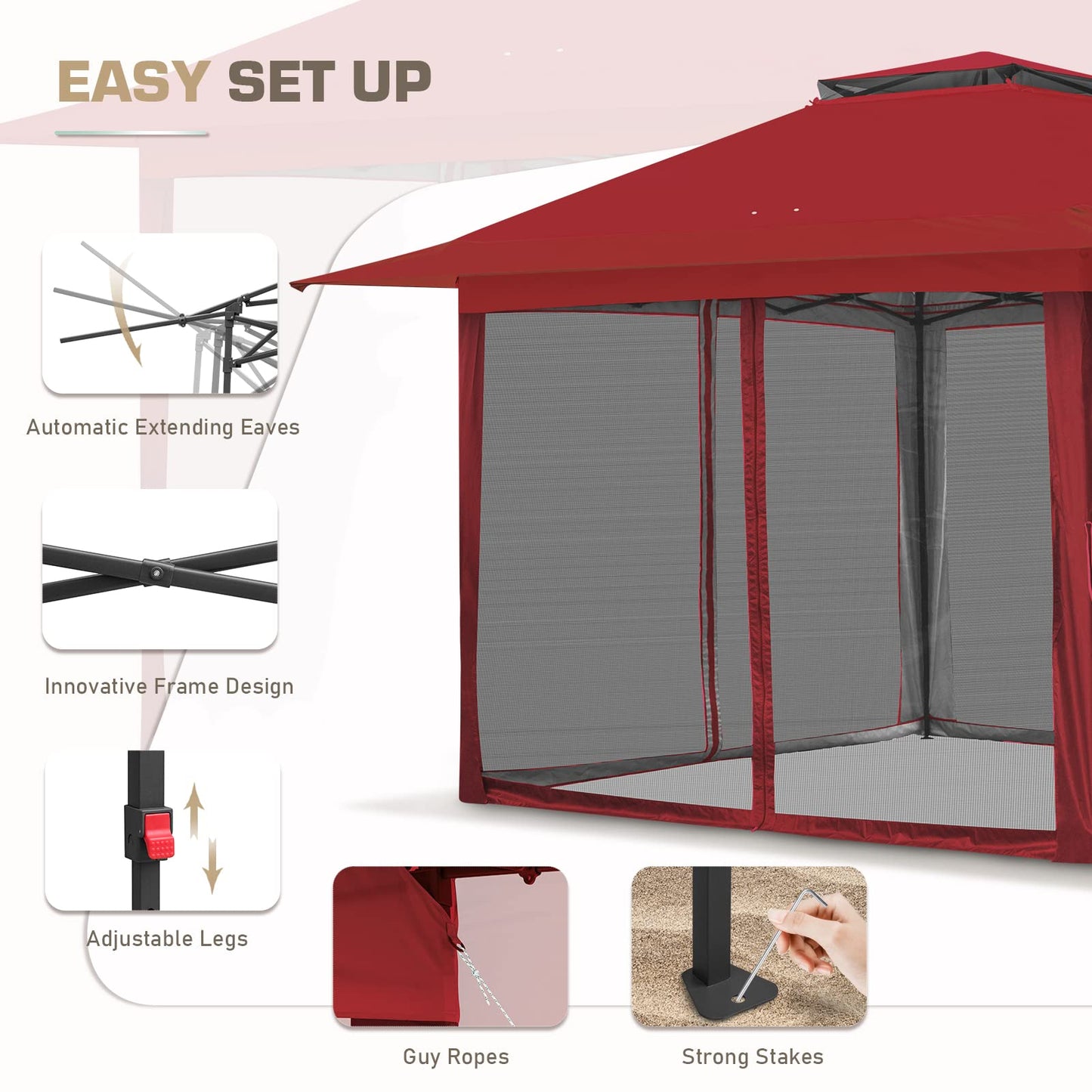 EAGLE PEAK 13x13 Pop Up Gazebo with Mesh Netting, Easy Up Screened Canopy for Patio and Backyard, Easy Set up Outdoor Gazebo (Red)