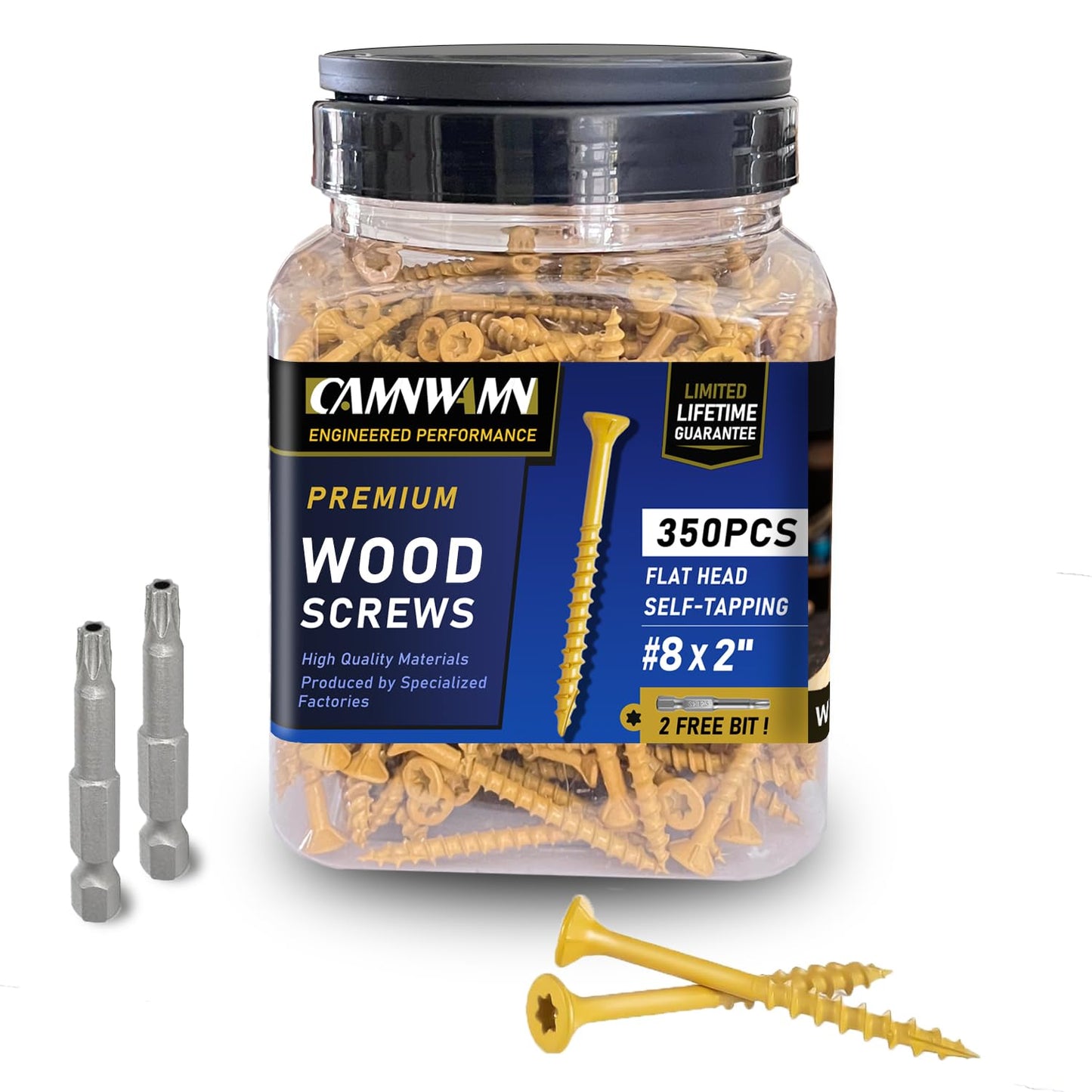 CAMNWAMN Deck Screws #8 x 2, 350 PCS, Wood Screws 2 Inch, Epoxy Coated, Rust Resistant Exterior Screws, Torx Drive Head, T25 Star Bit Included, Tan Outdoor Decking Screw for Wood Fence.