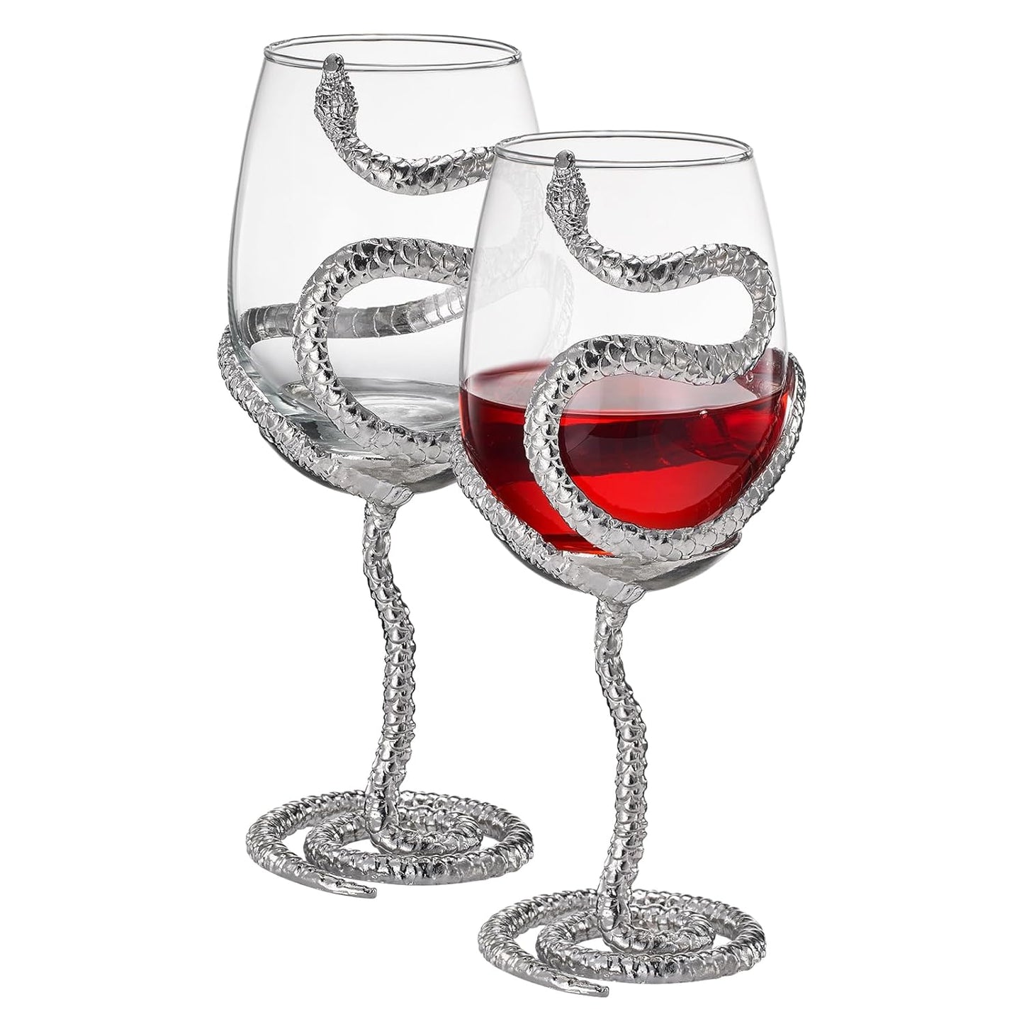 Stemmed Snake Wine Glass | Set of 2 | 19oz Spooky Reptile Glasses 10" H, Gifts, Skeleton Gifts, Skeleton Decor, Spooky Wine Gift Set, Perfect for Themed Parties (Silver)