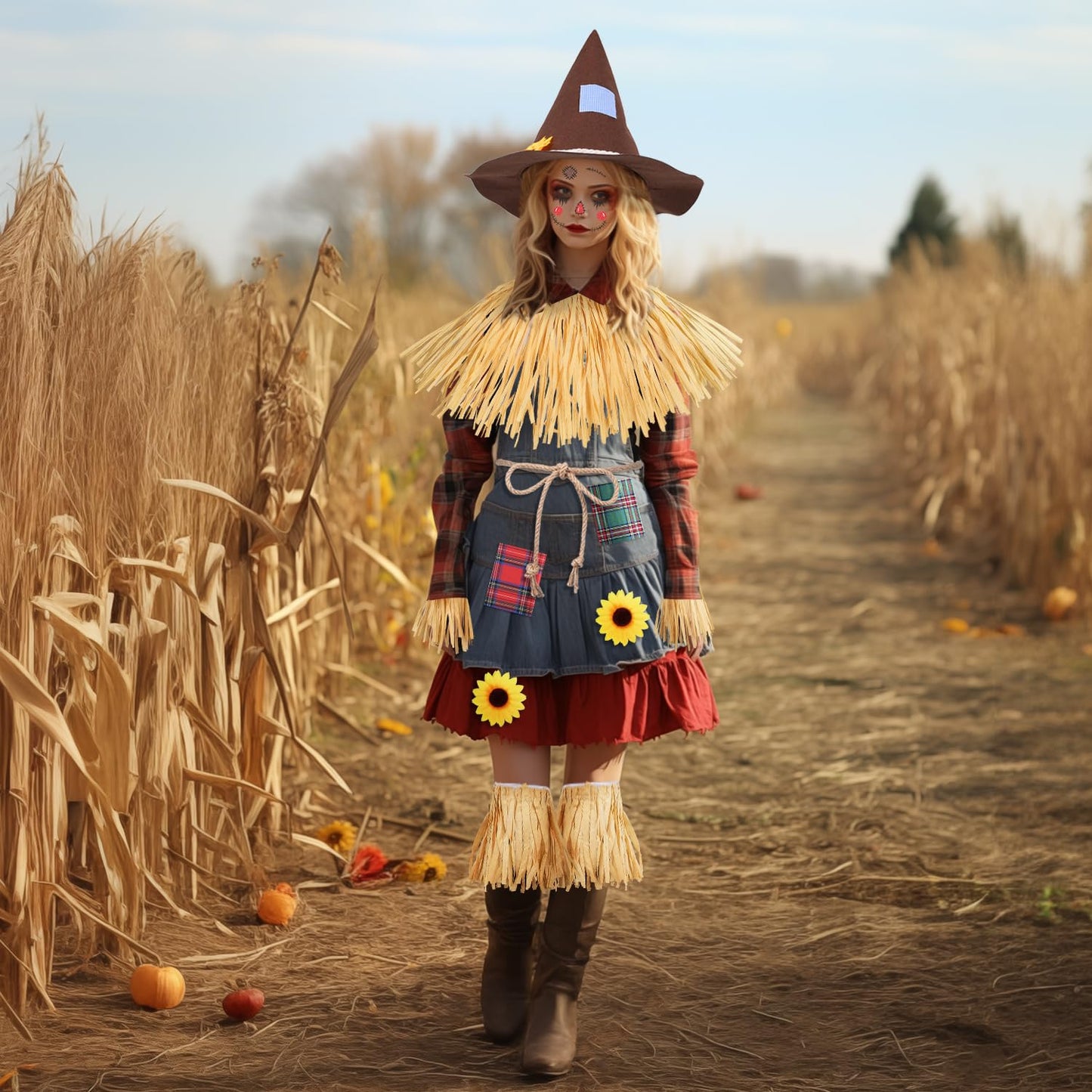 MOVINPE 12 Pieces Scarecrow Costume Kit for Adult Kids, Raffia Scarecrow Accessories Felt Hat Rope Face Decals Sunflower Patchwork for Halloween Harvest Cosplay Party Brown