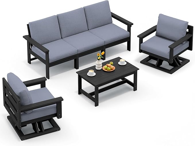 SERWALL HDPE Outdoor Patio Furniture Set, All-Weather 3-Seater Couch with 2 Single Seat Swivel Sofas with Thick Cushions for Lawn, Deck, Black Frame with Gray Cushions