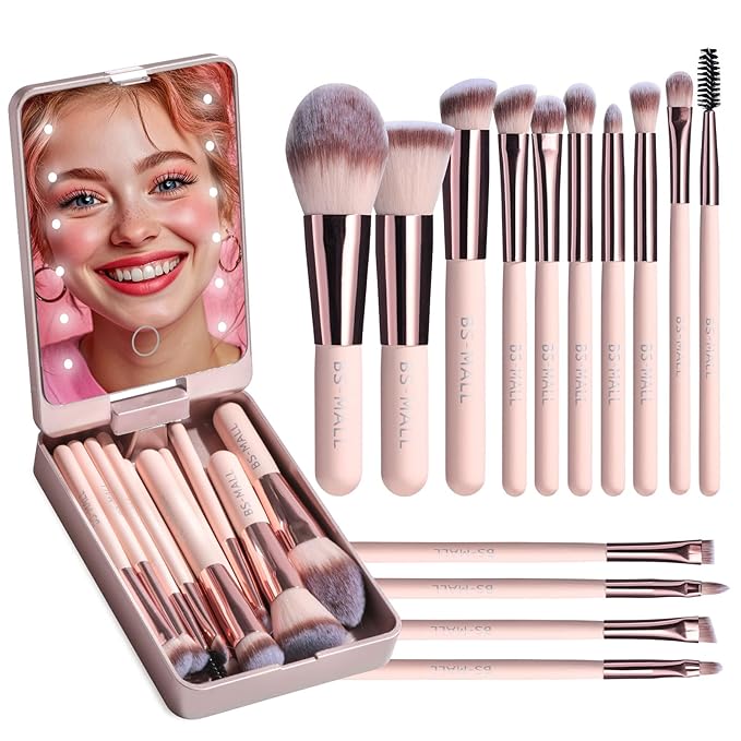 BS-MALL Makeup Brushes Foundation Powder Concealers Eye Shadows Makeup Set with LED light Mirror 14 Pcs Mini Makeup Brushe...