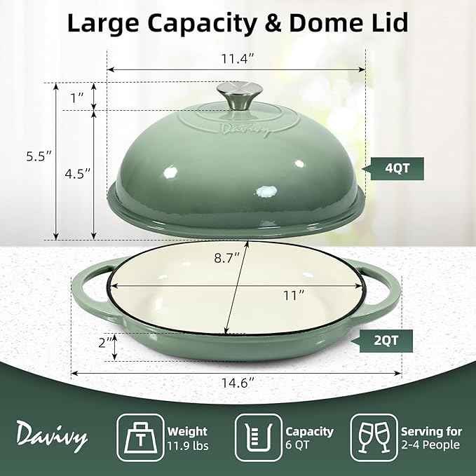 Davivy 6QT Oval Cast Iron Bread Oven with Domed Lid, Dutch Oven for Sourdough Bread, 6QT Bread Cloche Dutch Oven Sourdough Baking Pan with Lid - Sea Salt Green