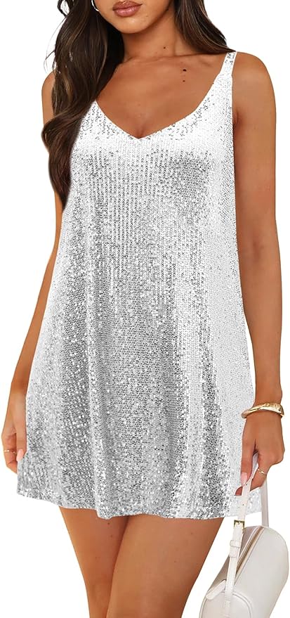 Pungdra Women's Sequin Dress for Women Sparkly Glitter V Neck Shift Cocktail Disco Outfit Party Club Night Out Mini Dresses