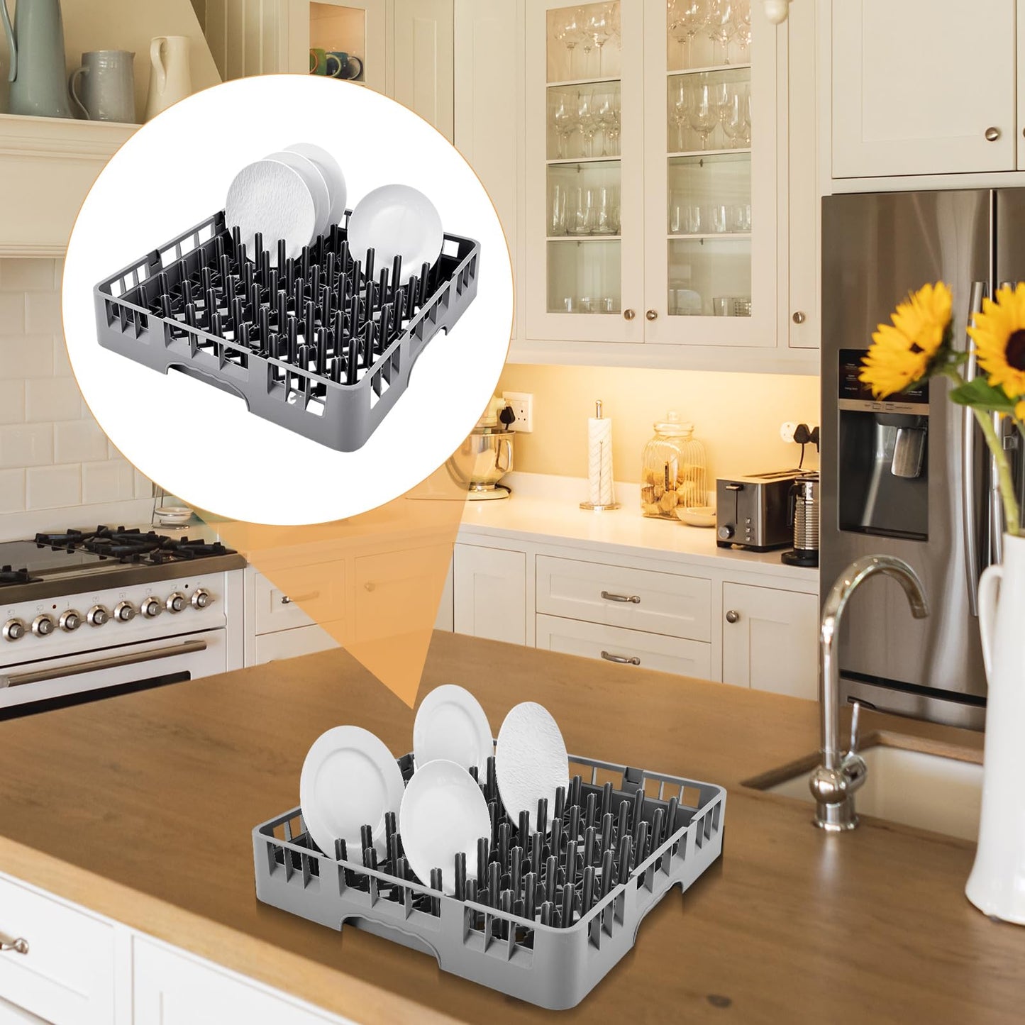 Aurelema 1 Pack Commercial Dishwasher Tray Rack Polypropylene Full Size Flatware Rack for Bowls Plates Knives Forks Cups (Peg Dish,Gray)