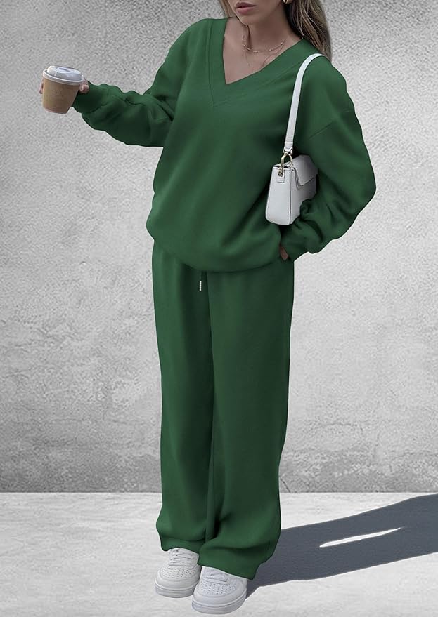 PRETTYGARDEN Casual Winter Two Piece Sets for Women 2026 V Neck Sweatshirt Loose Wide Leg Pants Tracksuit Knit Fall Outfits