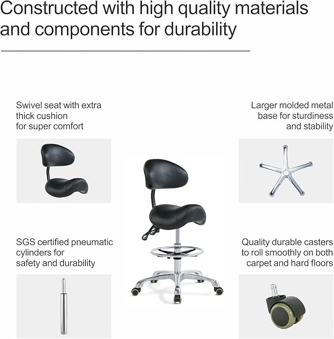 Grace&Grace Ergonomic Rolling Saddle Stool Chair with Wheels Adjustable Swivel Stool with Back and Footrest Heavy Duty for Esthetician, Artist, Dental, Medical, Spa, Salon, Cutting, Home Office
