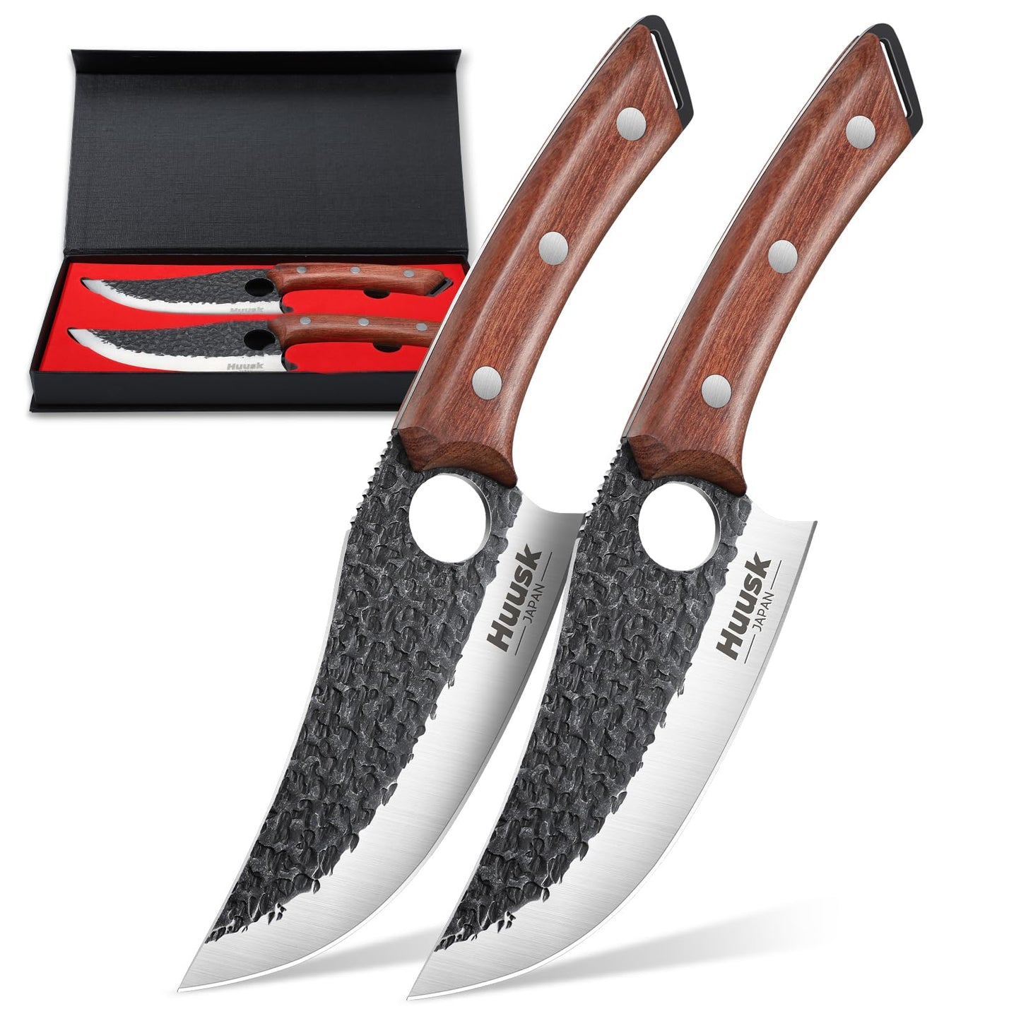 Huusk Viking Knife Set of 2, Japanese Butcher Knife Set for Meat Cutting, Hand Forged Boning Knives with Wood Handle, High Carbon Steel Japanese Knives for Camping, BBQ, Father's Day Gifts for Dad