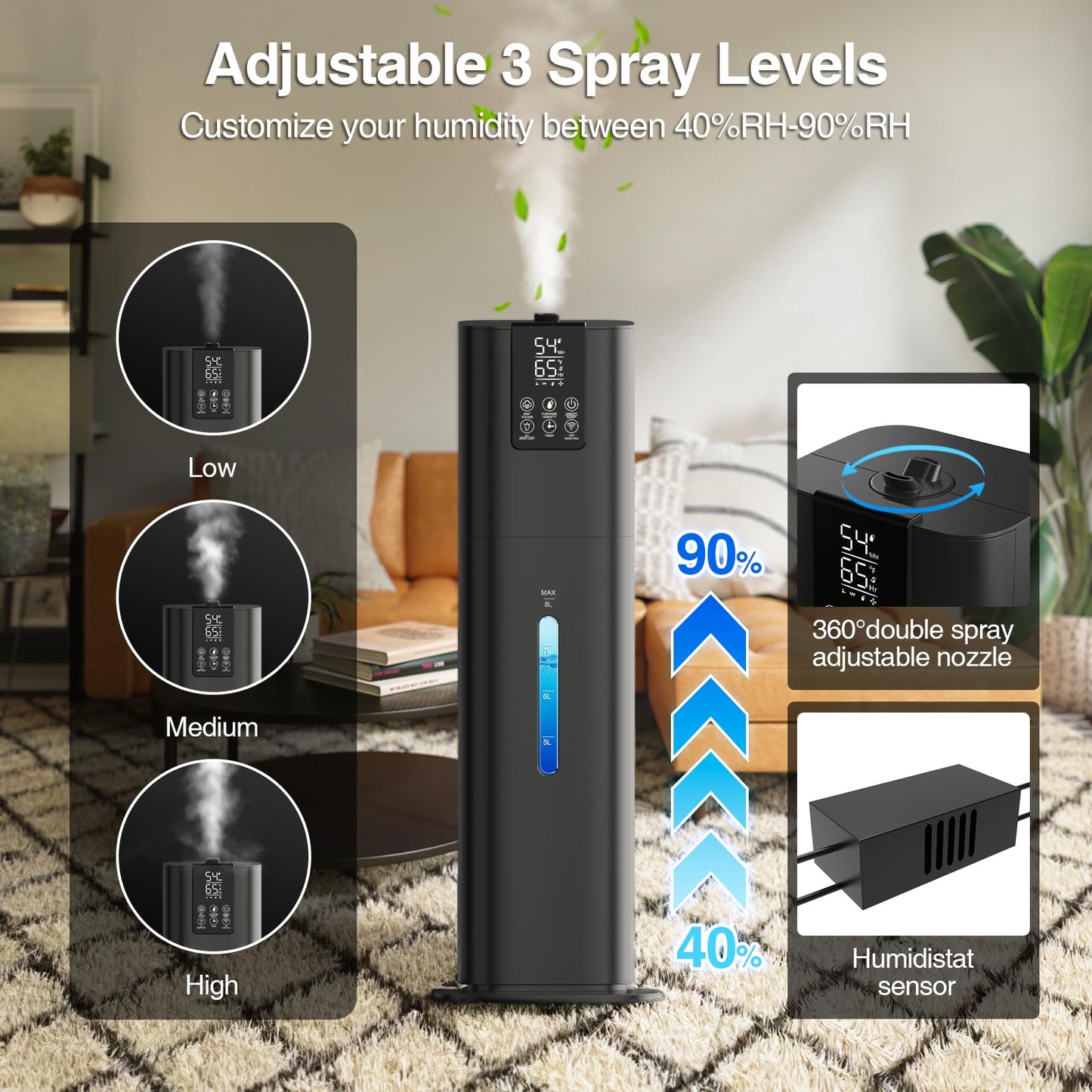 Honovos Smart Humidifier 2.11Gal, Black, Quiet Top Fill Cool Mist, Remote Control, Model JXLR-786, Ideal for Large Rooms and Offices