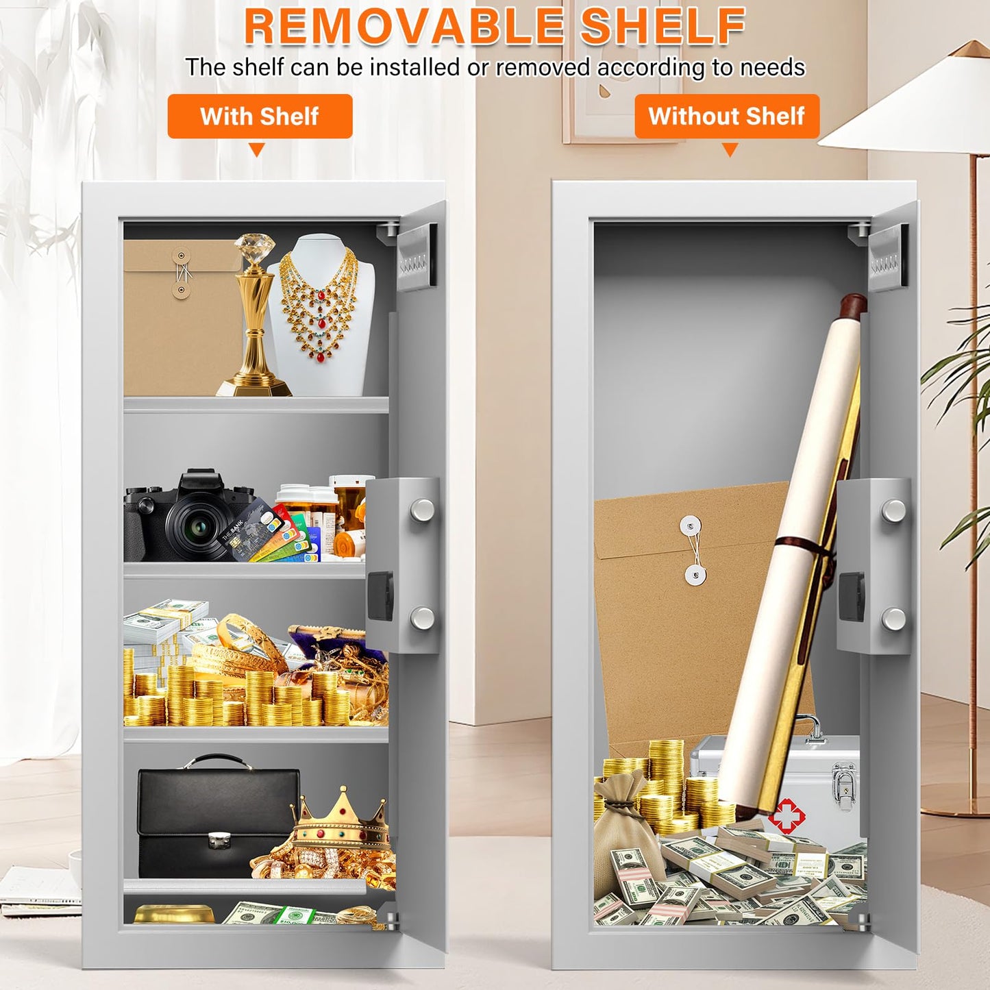 White 29.53" Tall Fireproof Wall Safes Between the Studs 16" Centers, Heavy Duty Combination Lock in Wall Safe with 3 Removable Shelf, Hidden Safe for Money, Jewelry, Document, Passport