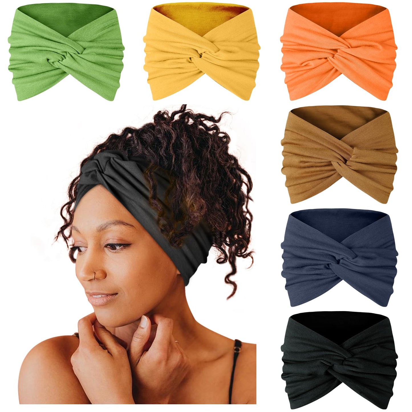 Tobeffect Extra Wide Turban Headbands for Women, 7'' Large Hairbands Boho Colorful Headband Twisted Knot Hair Accessories, 6 Pac