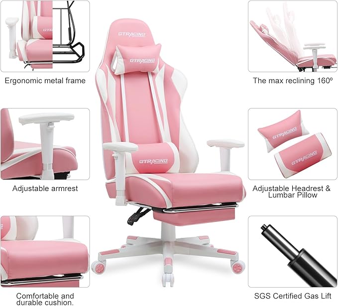 GTPLAYER Gaming Chair with Footrest, Ergonomic Computer Game Desk Chair, Reclining Game Chair Seat Height Adjustment, Swivel Rocker with Headrest and Lumbar (Pink)