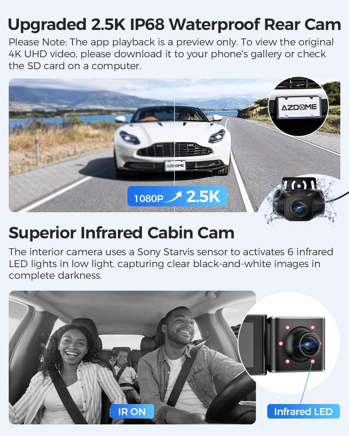 AZDOME M550 3 Channel Dash Cam, 4K+2.5K Dual Dash Camera for Cars Built-in WiFi GPS, 1440P+1080P+1440P Front and Rear Inside, 64GB Card Included, 3.19" IPS Screen, WDR, IR Night Vision, Parking Mode