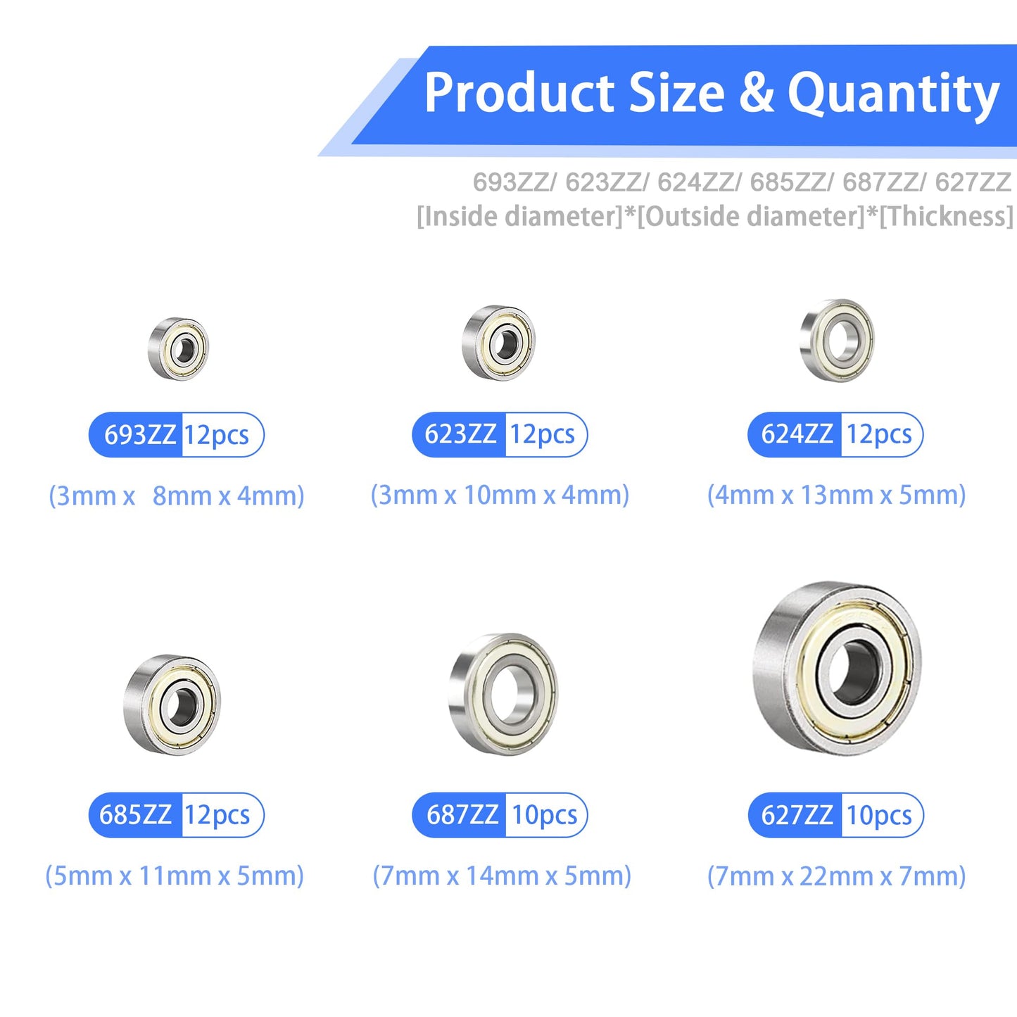 Dianrui 68 PCS 693ZZ/ 623ZZ/ 624ZZ/ 685ZZ/ 687ZZ/ 627ZZ Ball Bearings Assortment Kit, Small Bearings Carbon Steel Deep Groove Bearing, for Furniture Wheel, Roller Skates, 3D Printing and ect —6 Size