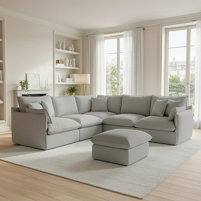 Lopzeho Cloud Modular Sectional Sofa, Waterproof Down Filled Sectional Sofas, High Backrest V Shaped 5 Seater Sectional Couch with Ottoman, Modern Modular Couch with Removable Cover, Light Gray
