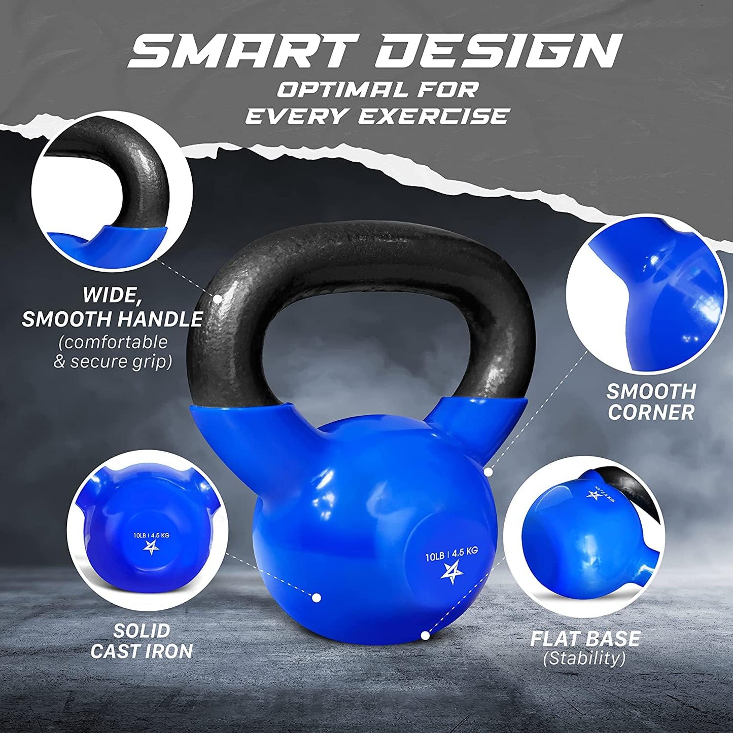 Yes4All Kettlebell, 10 lb Vinyl Coated Cast Iron Strength Training Kettlebells for Home Gym Exercises, Heavy Weights Gym, Fitness, Full Body Workout Equipment, Push up, Grip, Strength Training - Blue