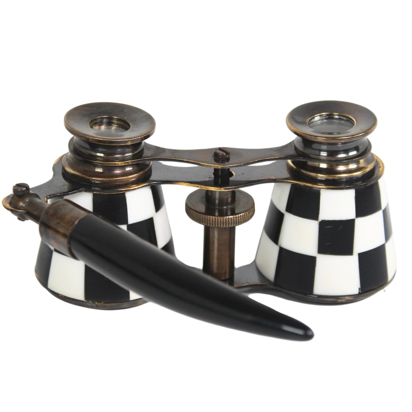 Checkered Opera Glasses with Handle - Vintage Brass Theater Binoculars for Women - Black & White Enamel Retro Style Collectible