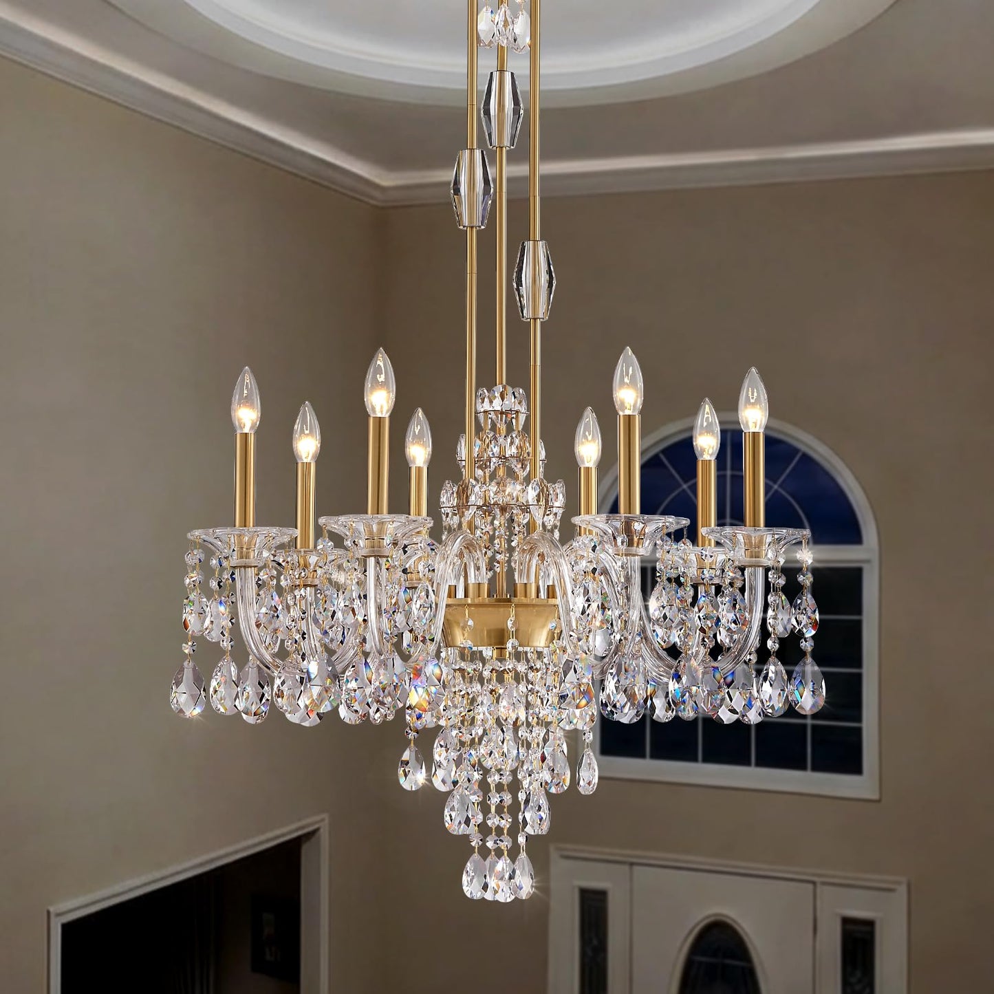 Duluyiee 8-Light Crystal Candle Chandelier, Brass Gold Chandelier for Dining Room, Entryway & Living Room, Adjustable Height, E12 Base