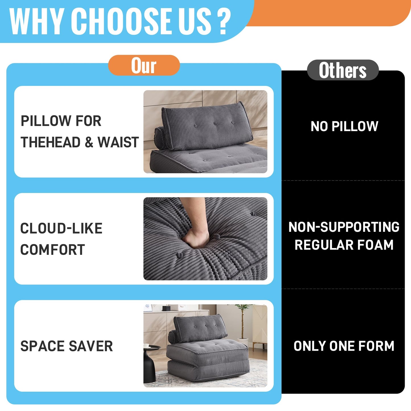 VIKAYAMICS Convertible Sleeper Chair Folding Sofa Bed 33” with Pillow Futon Boneless Couch with Back Support Small Couch for Living Room(Grey)