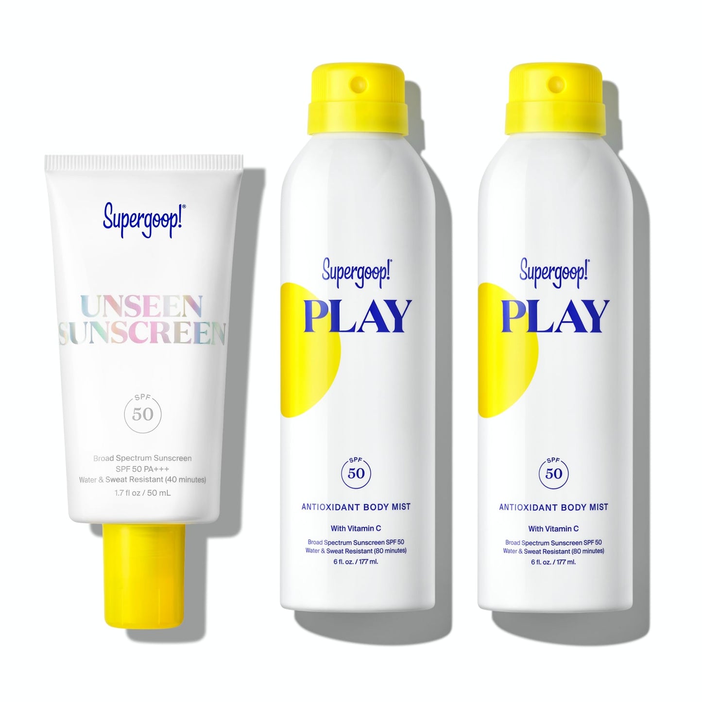 Supergoop! Unseen Sunscreen SPF 50 Invisible Sun Protection for Face (1.7 fl oz) + PLAY Antioxidant Body Mist SPF 50 (Pack of 2,