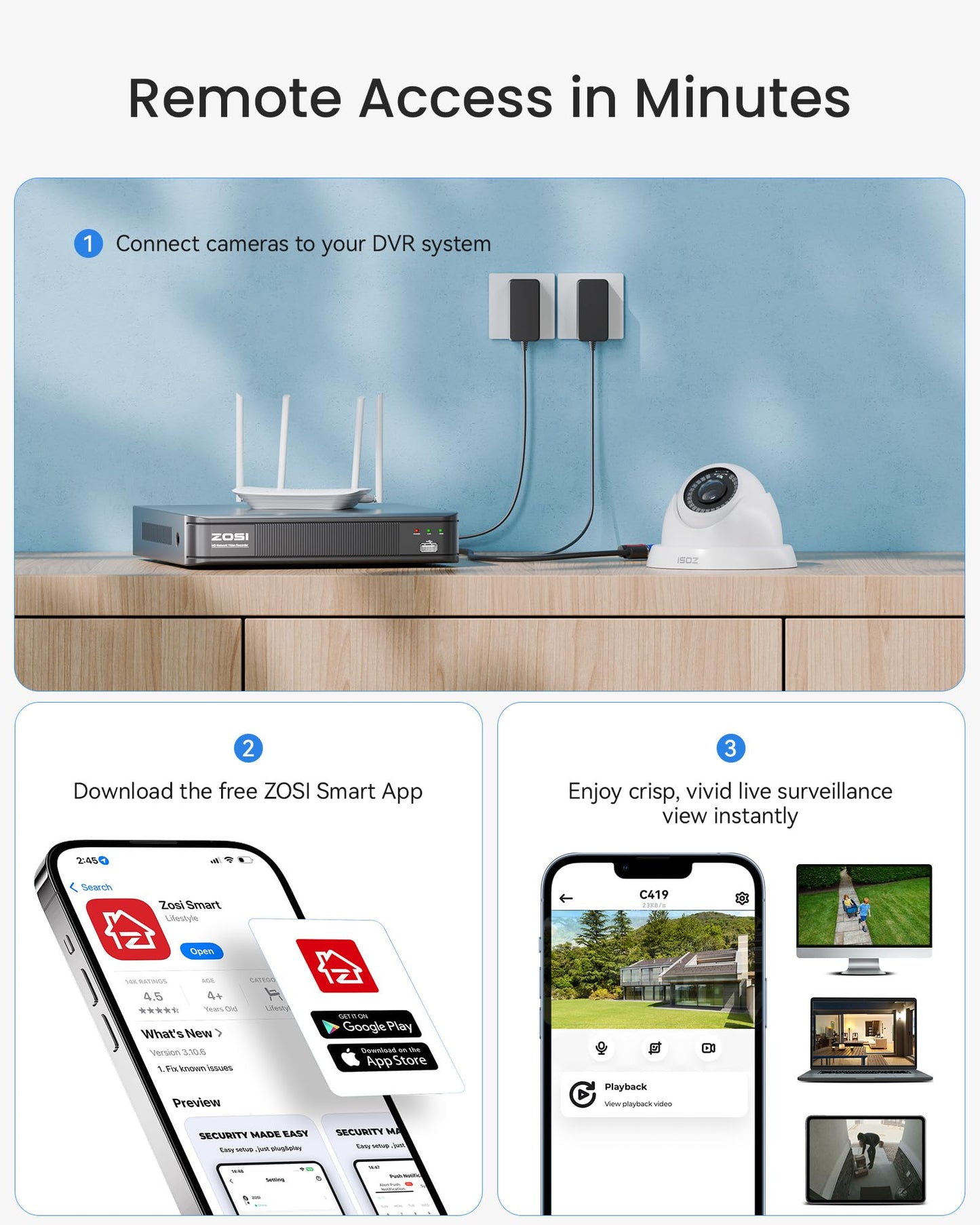 ZOSI 3K 5MP Lite H.265+ Home Security Camera System, 8 Channel Surveillance DVR with AI Human Vehicle Detection and 4 x 1080p Weatherproof CCTV Dome Camera Outdoor Indoor, 80ft Night Vision, 1TB HDD