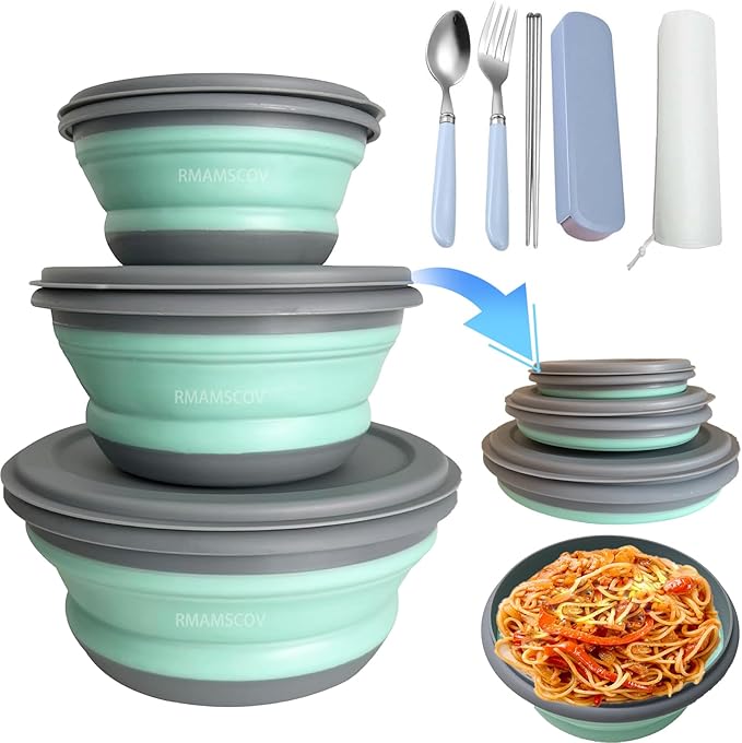 RMAMSCOV Collapsible Camping Bowl with Lid, Silicone Salad Bowl Serving, Microwave Foldable Soup Ramen Serving for Travel,...