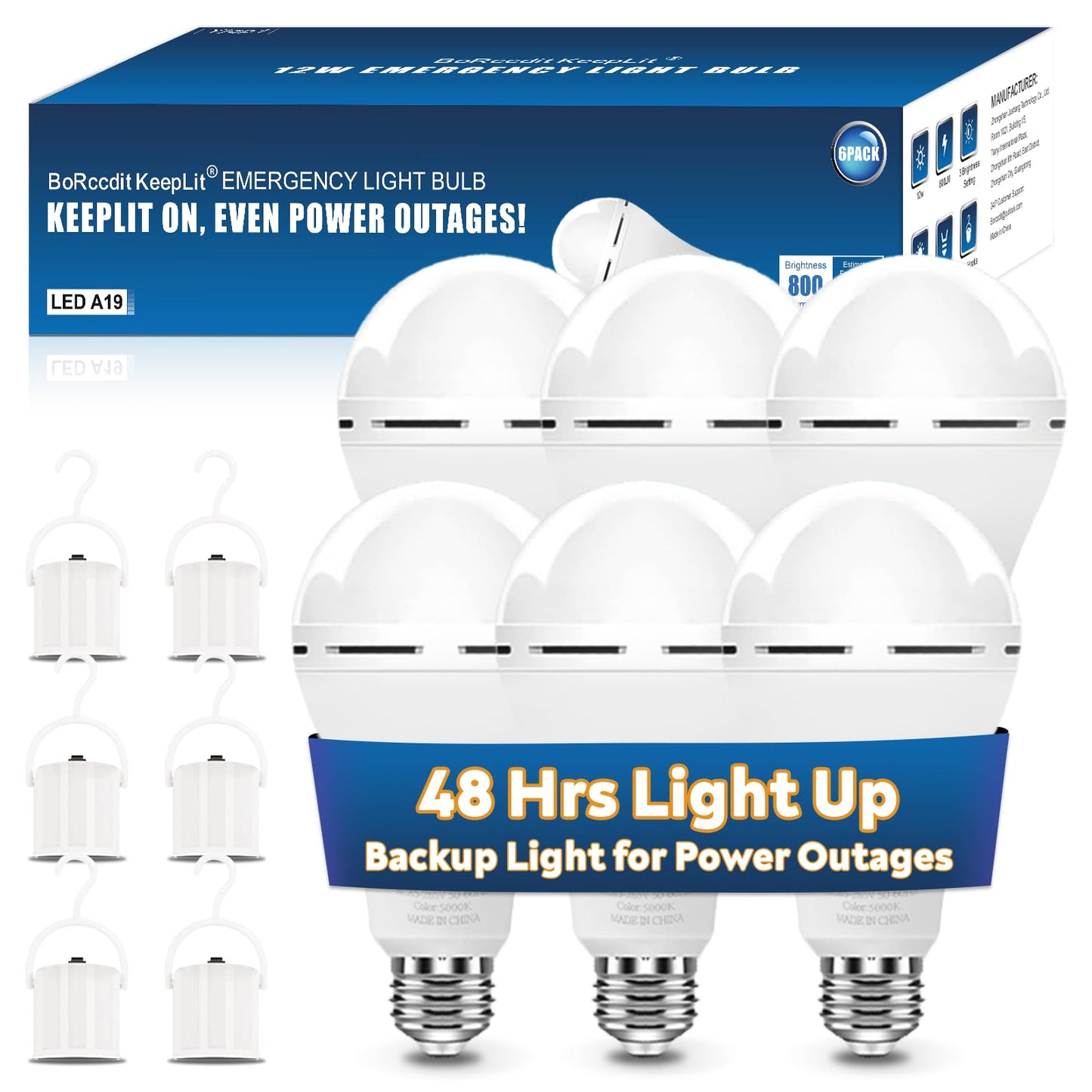 BoRccdit KeepLit 6 Pack Emergency Rechargeable Light Bulbs, 48H Long Lasting & 3 Brightness Battery Light Bulb,12W 5000K Battery Backup Emergency Lights for Home Power Failure,Hurricane Supplies