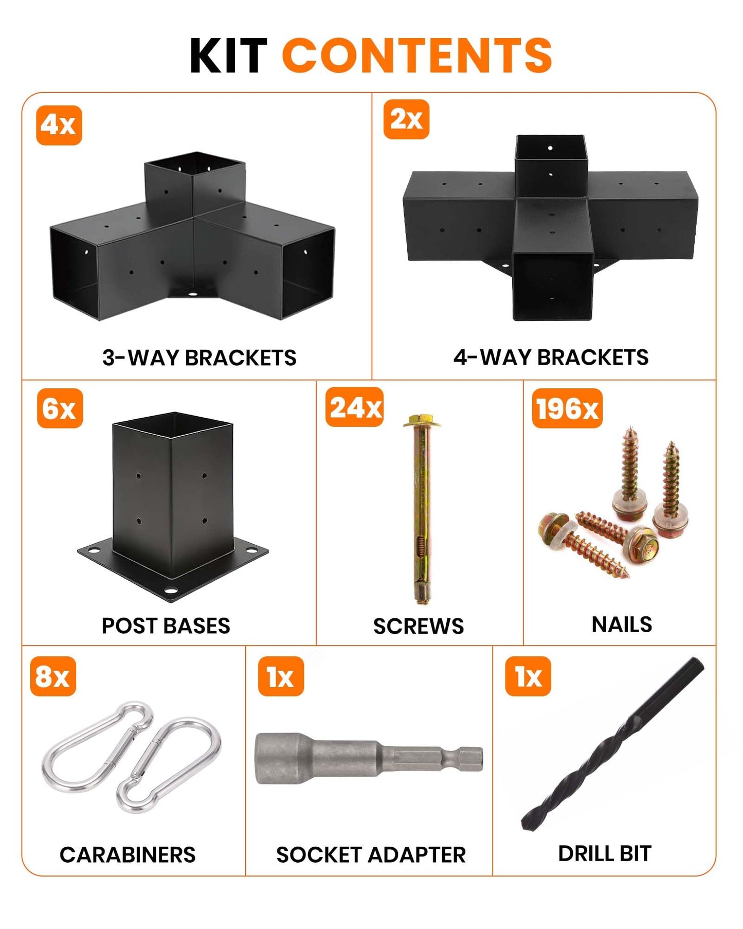 Pergola Bracket Kit 4x4 (Actual 3.6 x 3.6 in), 3-Way Corner & 4-Way Center Brackets with Post Base Set, Heavy Duty 2mm Steel Hardware with Hooks for Patio, Gazebo & Backyard Build