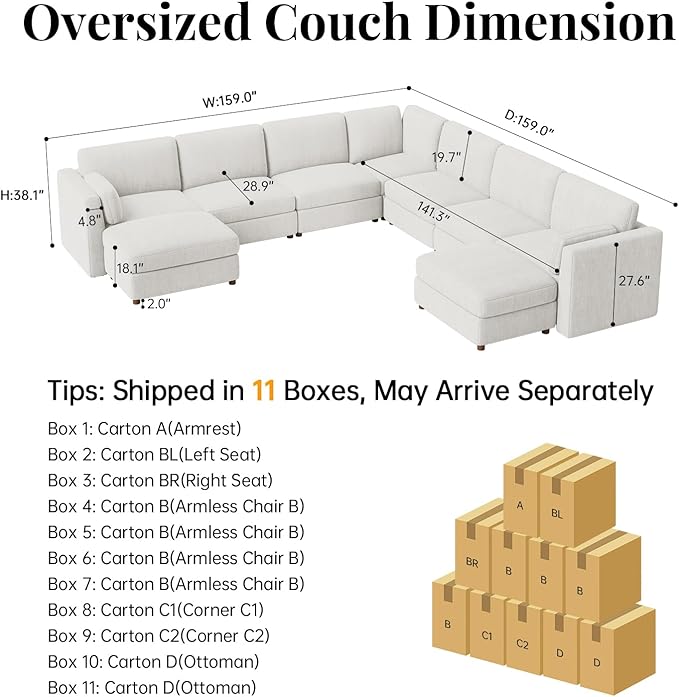 CUGOAO 159'' Modular Sectional Sofa,9-Seater Oversized U-Shaped Sectional Couch with Ottoman, Deep Seat Chenille Cloud Couch, Mordern Upholstered Couches for Living Room, Apartment, Office, Beige