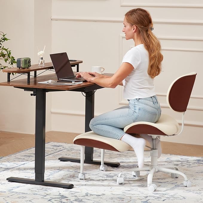 EROMMY Criss Cross Chair with Wheels Retractable footrest, Wide and Thickened ADHD Chair, Ergonomic Cross Legged Kneeling Desk Chairs for Meditation Yoga, Beige & Brown