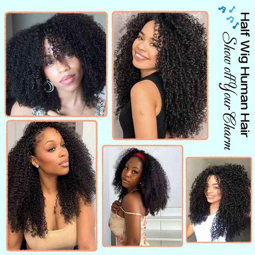 Kinky Curly Half Wig Human Hair Drawstring Seamless Flip Over Half Curly Wig Human Hair Invisible Hairline Glueless Wear and Go Wigs For Black Women Beginner Friendly 18Inch 200% Density