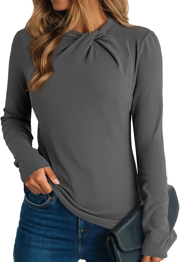 Dokotoo Womens Tops Business Casual Outfits Long Sleeve Shirts Mock Neck Twist Knot Slim Fit Soft Stretch Tees Blouses