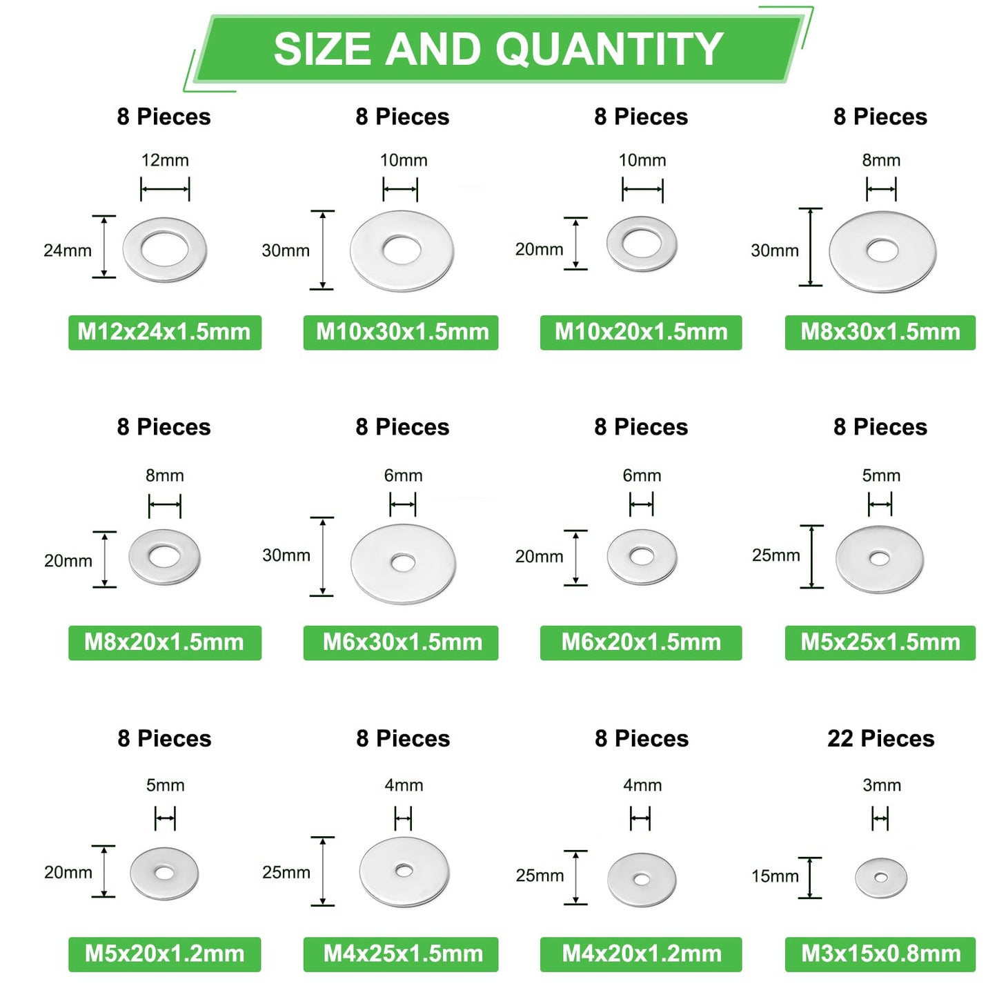 110 Pcs 304 Stainless Steel Metal Flat Washers for Screws and Bolts, Fender Washers Assortment Kit (12 Sizes M3-M12) for Automotive, Industrial & Home Use