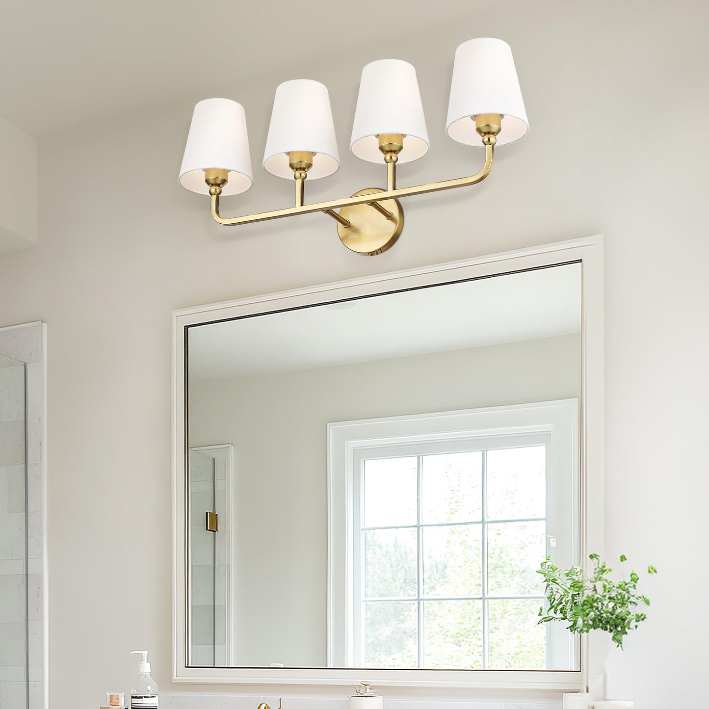 METWET Bathroom Light Fixtures, 4 Light Brushed Gold Vanity Lights with Flared White Fabric Shade, 28 Inch Wall Sconce, Modern Sconces Wall Lighting for Hallway Bedroom, VL837-BG-4