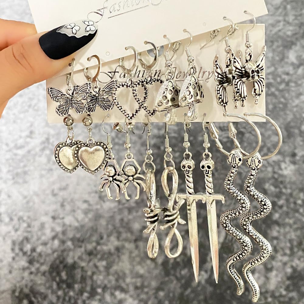 Gothic Earrings Set, Metal Punk Goth Vintage Silver Snake Spider Butterfly Dagger Dangle Drop Earrings for Women, Grunge Y2K Emo Jewelry Pack Party Costume Accessories (Style1)