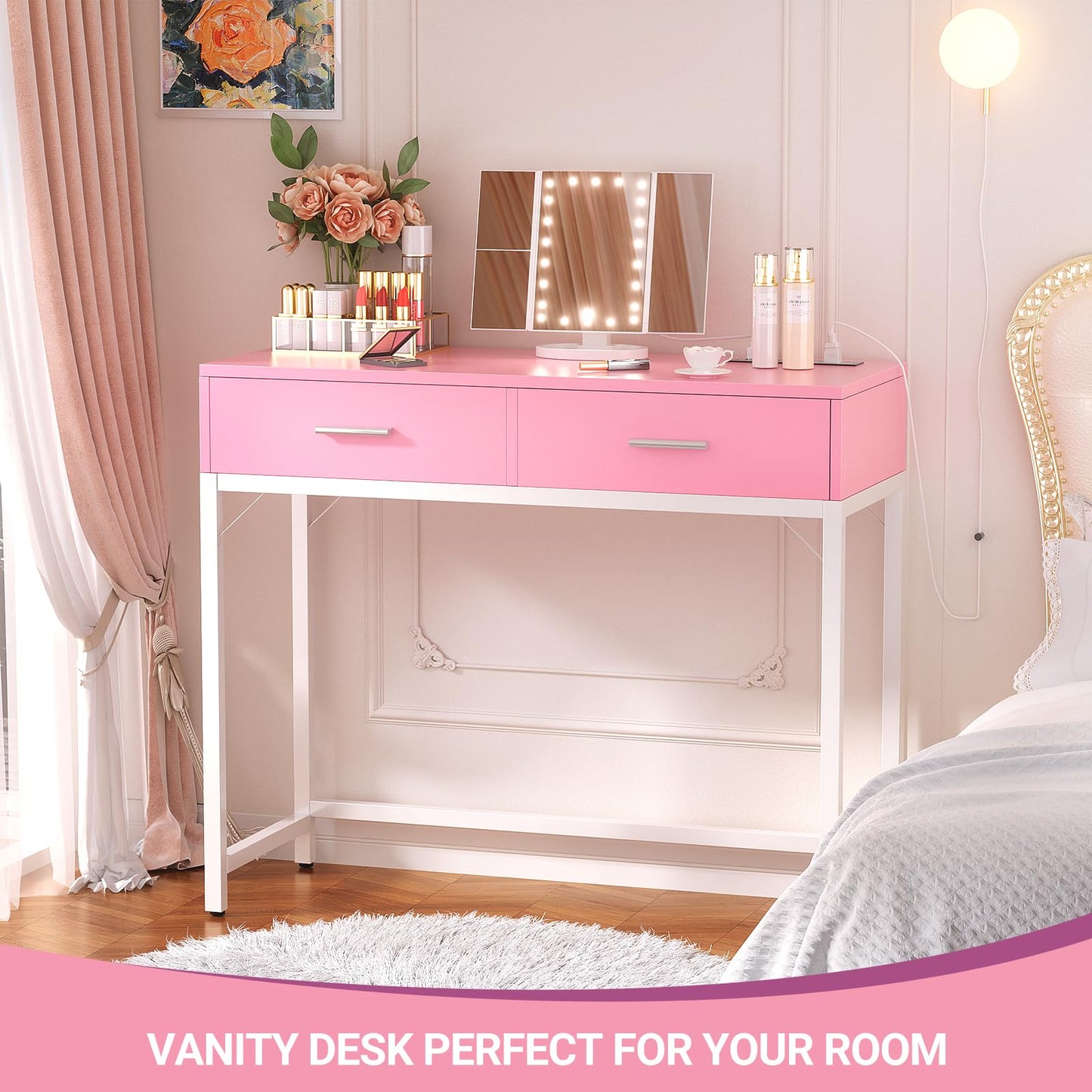 Cyclysio Vanity Desk with Mirror and Lights, 36'' Makeup Vanity Desk with Power Outlet, Small Vanities Set Dressing Table with Drawers for Bedroom, Pink