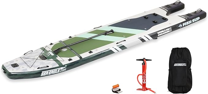 Sea Eagle FS1210 12’10” Inflatable FishSUP Fishing Stand-Up Paddleboard w/Paddle, Pump, Slide in Skeg and Backpack - Sit, ...