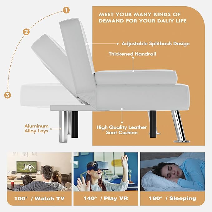 JUMMICO Faux Leather Futon Sofa Bed Futon Couch with Removable Armrests Adjustable Sleeper Sofa Bed with 2 Cup Holders for Living Room (PU Leather, White)