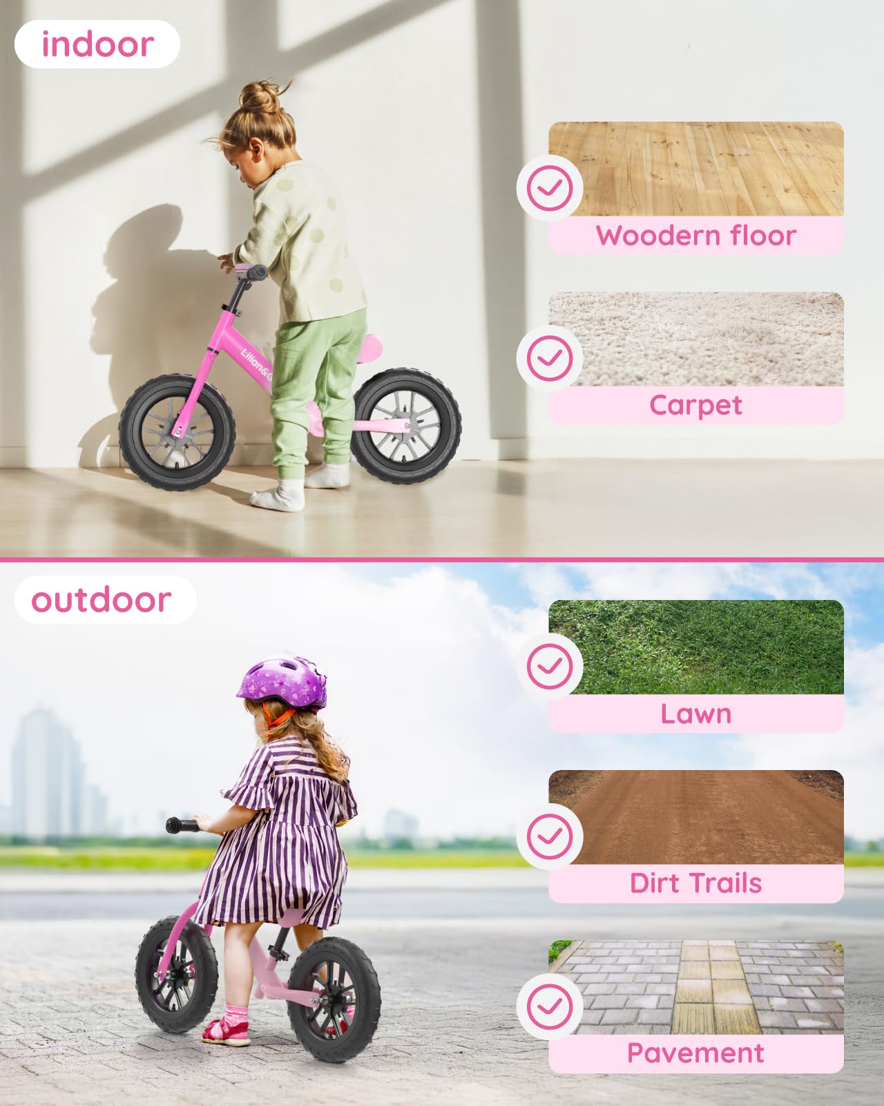 Lilian&Gema Toddler Balance Bike Colorful Lighting, 12'' Kids Balance Bike for 2-5 Years Old with Adjustable Seat & Handlebar, Toddler Gift Bike Suitable for Boys and Girls Ages 2 3 4 5, Pink