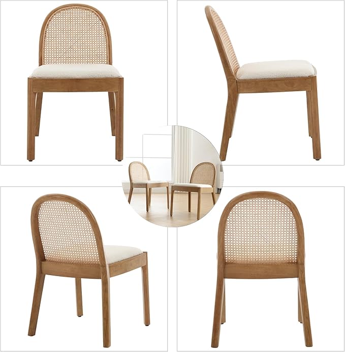 DUOMAY Mid-Century Modern Rattan Dining Chairs Set of 8, Wooden Dining Room Chair with Cane Backrest and Padded Seat, Sherpa Upholstered Dining Chair, Natural Finish, White