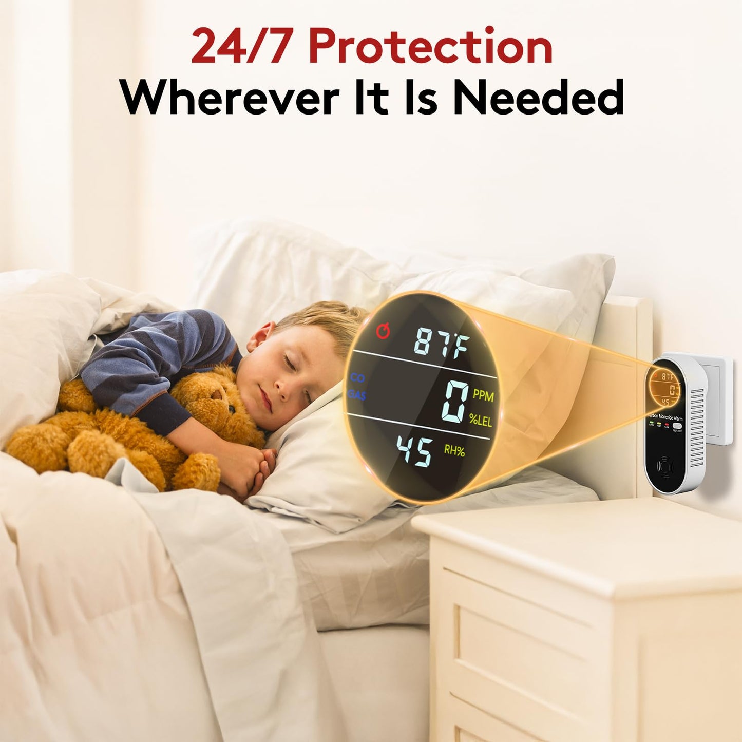 4-in-1 Combination Natural Gas Leak and Carbon Monoxide Detectors, Plug in CO Alarm with Temperature & Humidity LCD Display for Home and Travel (3 Packs)